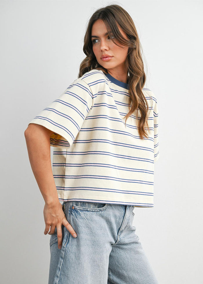 Emiko Striped Crop Tee - Ivory & Blue