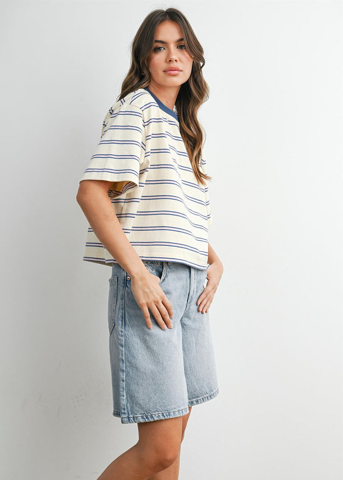 Emiko Striped Crop Tee - Ivory & Blue