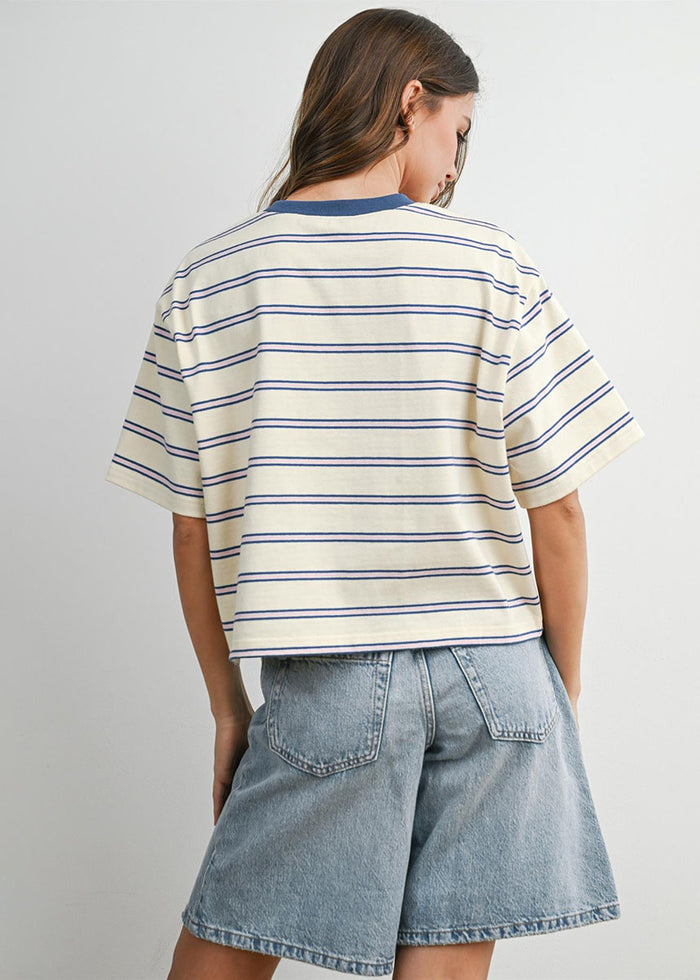Emiko Striped Crop Tee - Ivory & Blue
