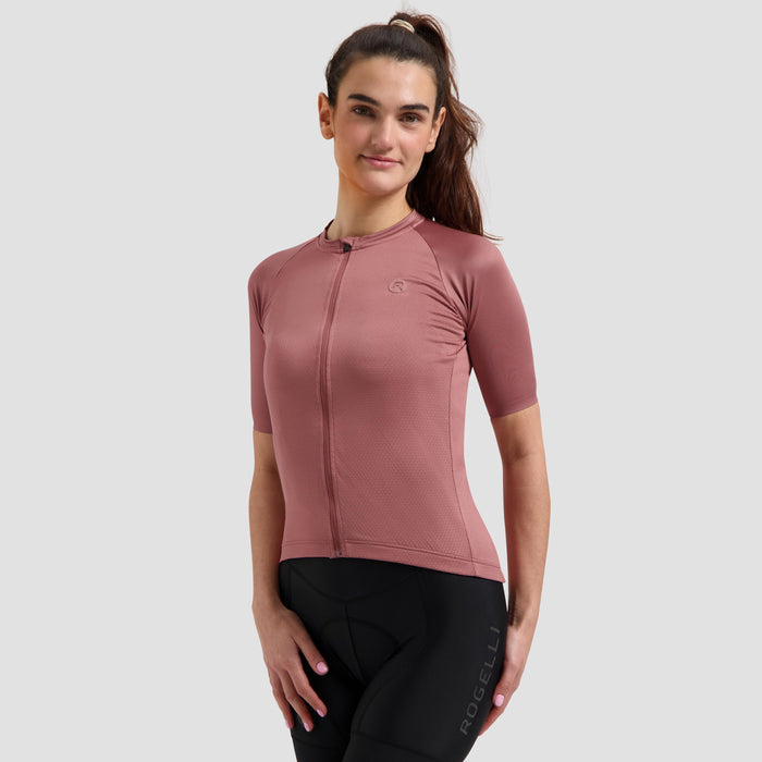 Rogelli Essential II fietsshirt dames roze korte mouw gedragen voorkant.