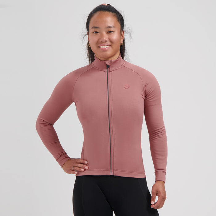 Rogelli Essential II fietsshirt dames roze lange mouw gedragen voorkant.