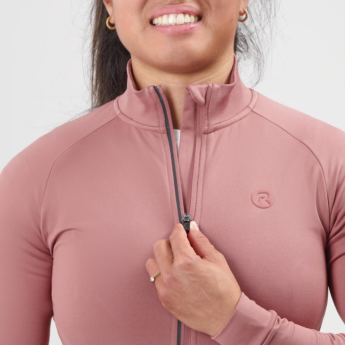 Detail van Rogelli Essential II fietsshirt dames roze lange mouw voorkant.