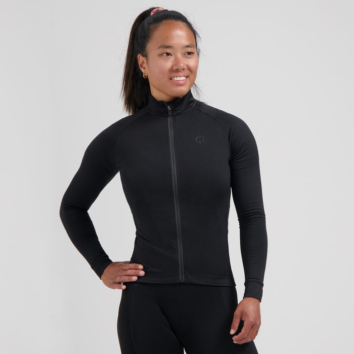 Rogelli Essential II fietsshirt dames zwart lange mouw gedragen voorkant.