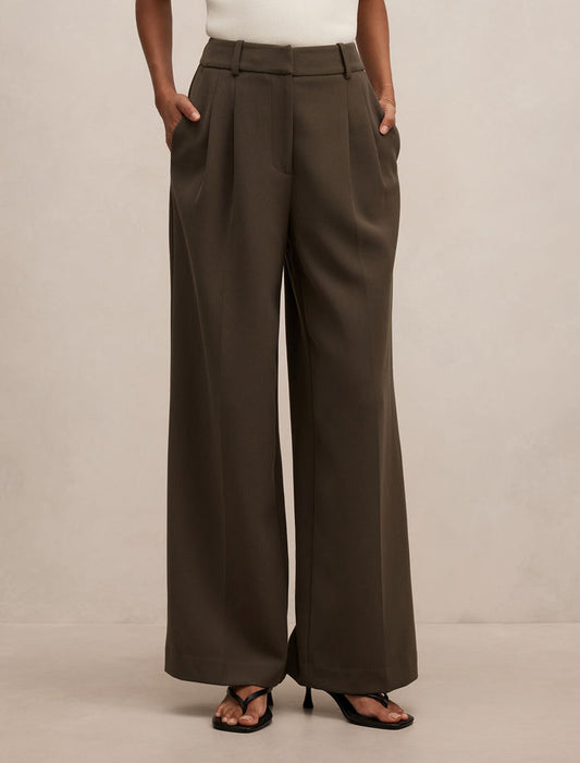 Eva Petite Pleat Wide Leg Pants Olive Night Forever New