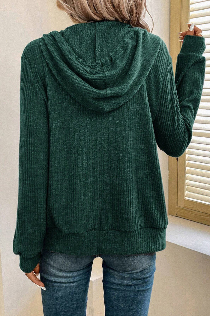 Evergreen Ribbed Zip Up Front Drawstring Hoodie - Tops/Sweatshirts & Hoodies