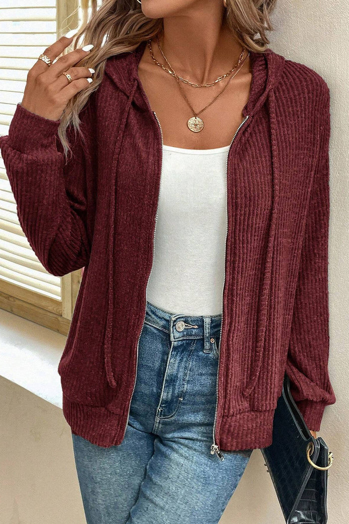 Evergreen Ribbed Zip Up Front Drawstring Hoodie - RED DAHLIA / S / 85% POLYESTER + 10% VISCOSE + 5% ELASTANE