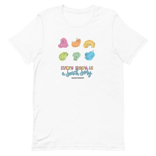 The Every Body is a Beach Body Tee by Sassy Woof is a lightweight unisex shirt with colorful cartoon seals and playful text, perfect for fun summer vibes.