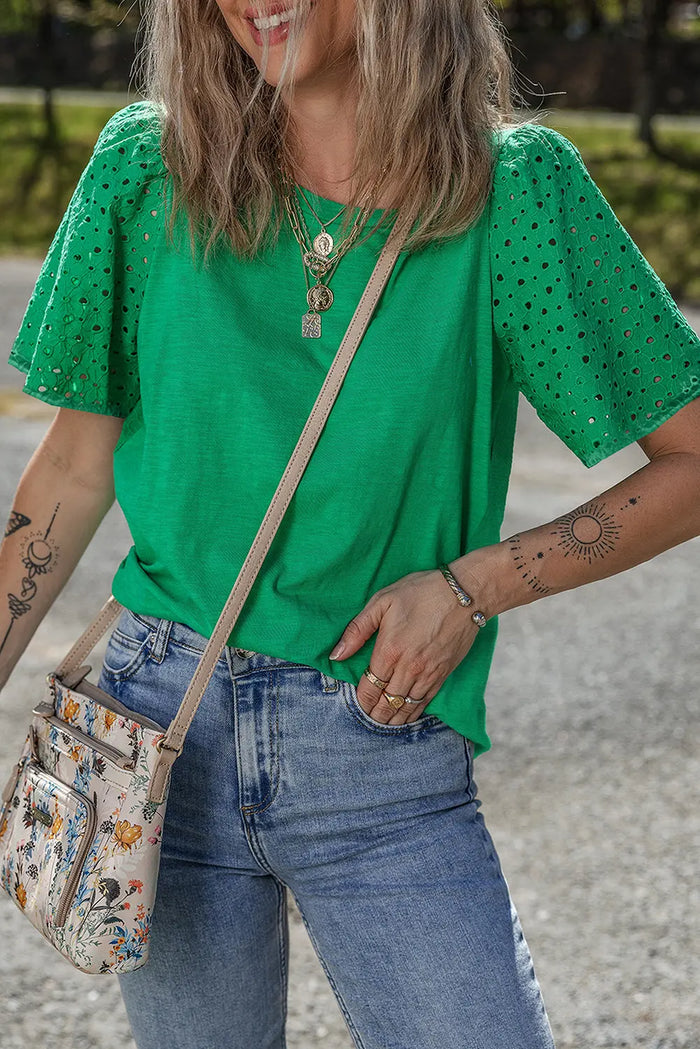 Bright Green Eyelet Embroidered Patchwork Shift Top - S / 65% Polyester + 35% Cotton - Tops/Tops & Tees