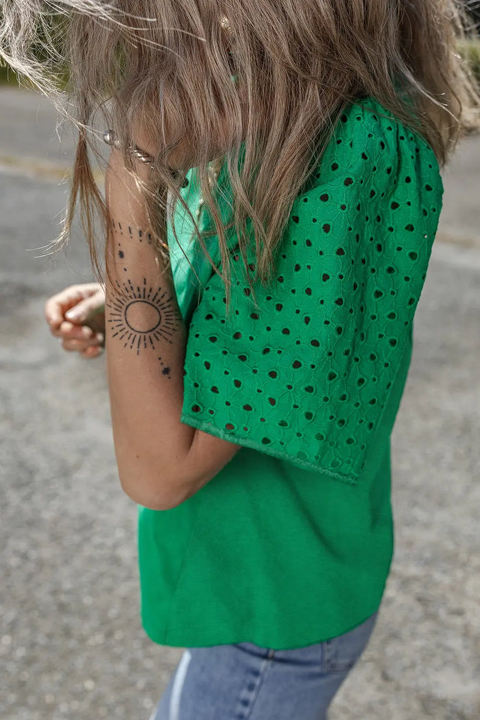 Bright Green Eyelet Embroidered Patchwork Shift Top - Tops/Tops & Tees