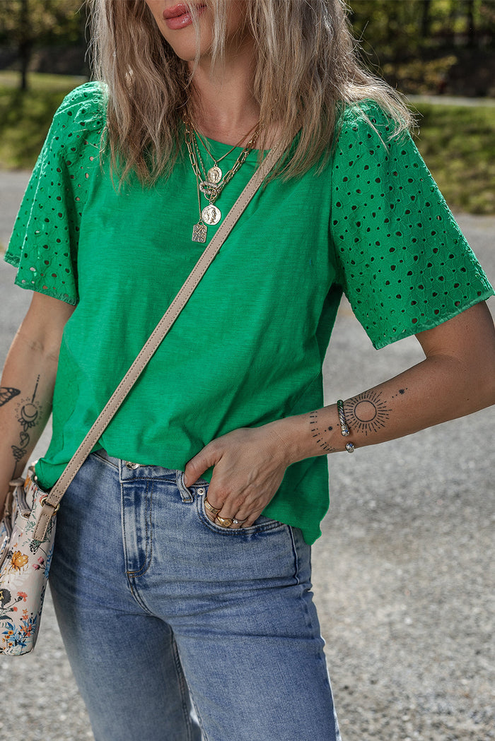 Bright Green Eyelet Embroidered Patchwork Shift Top - Tops/Tops & Tees