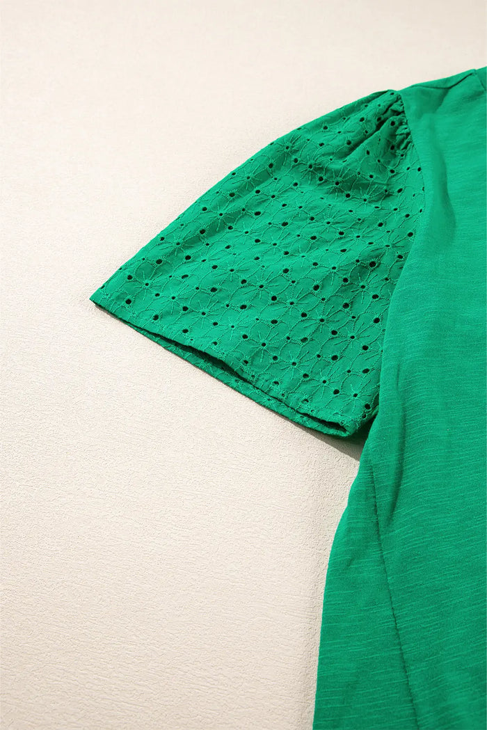 Bright Green Eyelet Embroidered Patchwork Shift Top - Tops/Tops & Tees