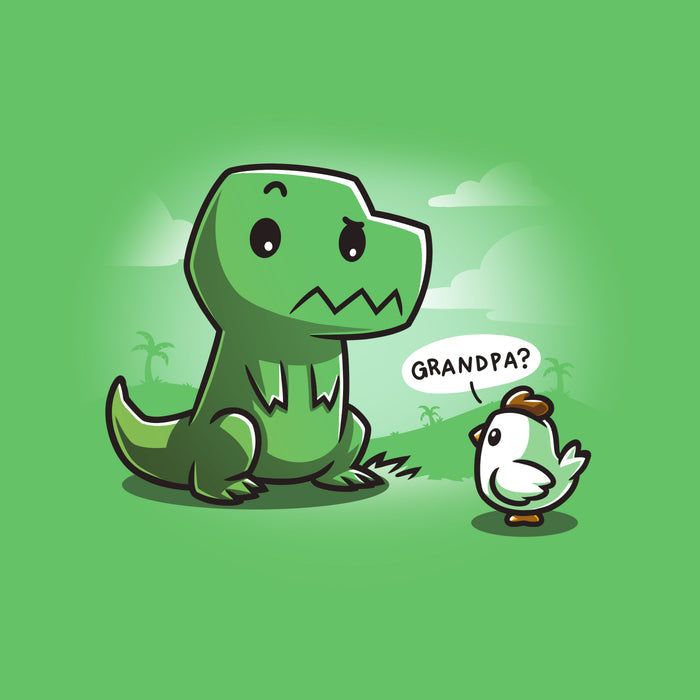 Premium Cotton T-shirt_Teeturtle Family Reunion apple green t-shirt   featuring a cartoon dinosaur with a puzzled expression sitting in front of a baby chick asking "Grandpa?" on a green background with faint scenery.