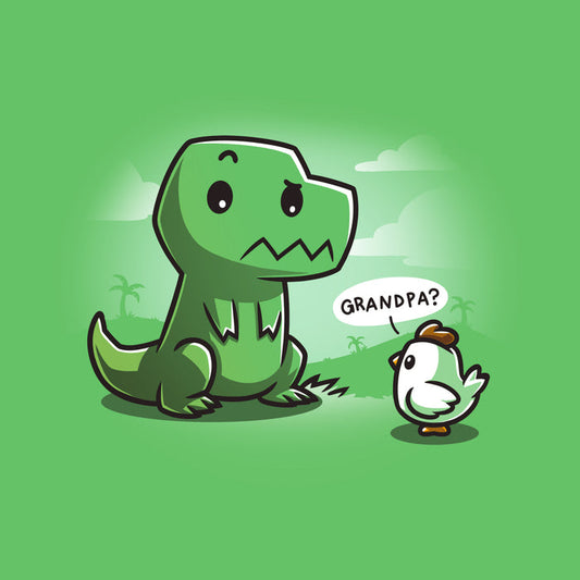 Premium Cotton T-shirt_Teeturtle Family Reunion apple green t-shirt   featuring a cartoon dinosaur with a puzzled expression sitting in front of a baby chick asking "Grandpa?" on a green background with faint scenery.