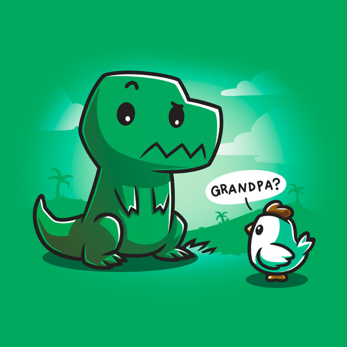 Classic Cotton T-shirt_Teeturtle Family Reunion Irish green t-shirt   featuring a cartoon dinosaur with a puzzled expression sitting in front of a baby chick asking "Grandpa?" on a green background with faint scenery.