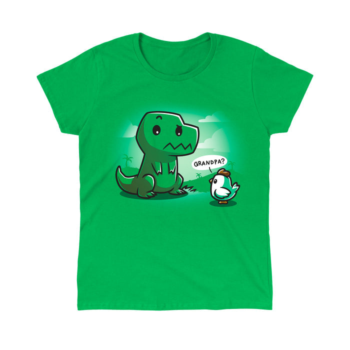 Classic Cotton T-shirt_Teeturtle Family Reunion Irish green t-shirt   featuring a cartoon dinosaur with a puzzled expression sitting in front of a baby chick asking "Grandpa?" on a green background with faint scenery.