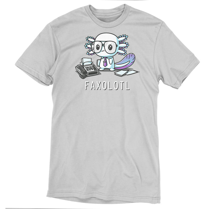 Premium Cotton T-shirt_TeeTurtle Faxolotl silver gray apparel featuring an office worker axolotl wearing glasses standing next to a fax machine with a pun underneath.