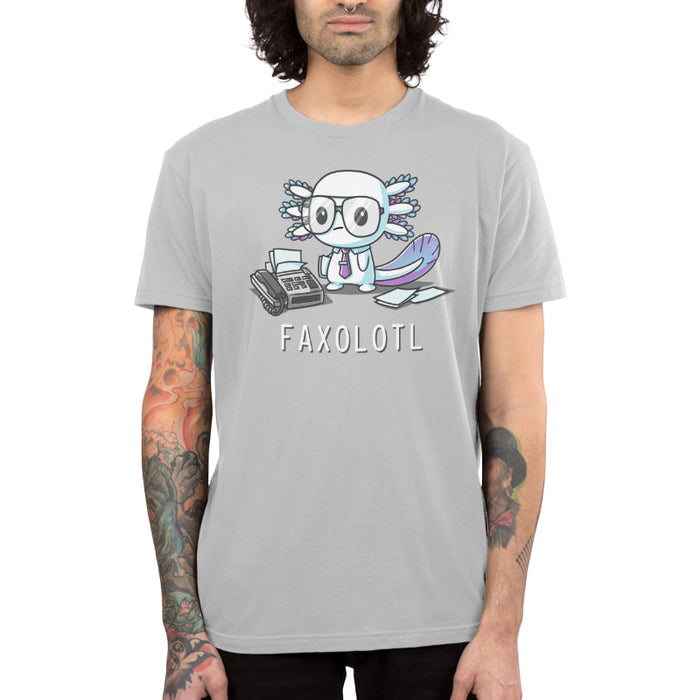 Premium Cotton T-shirt_TeeTurtle Faxolotl silver gray apparel featuring an office worker axolotl wearing glasses standing next to a fax machine with a pun underneath.