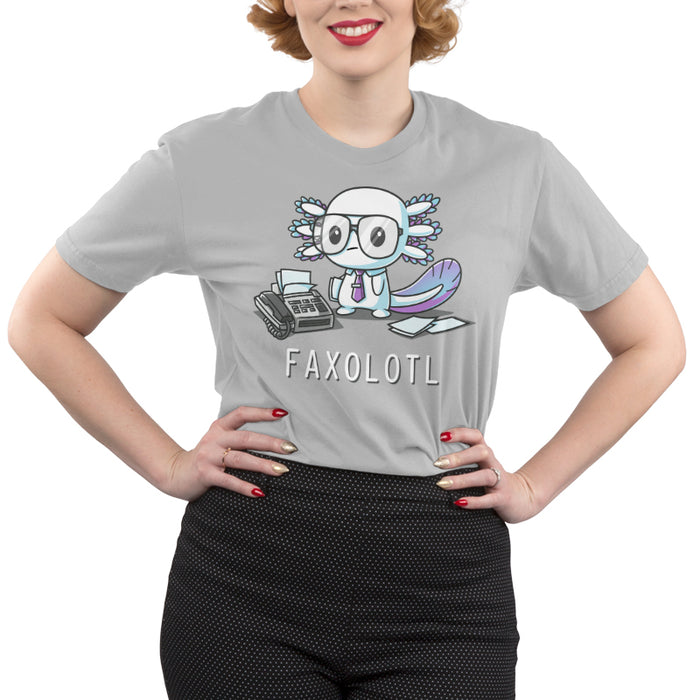 Premium Cotton T-shirt_TeeTurtle Faxolotl silver gray apparel featuring an office worker axolotl wearing glasses standing next to a fax machine with a pun underneath.