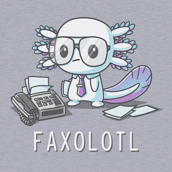Classic Cotton T-shirt_TeeTurtle Faxolotl heather gray apparel featuring an office worker axolotl wearing glasses standing next to a fax machine with a pun underneath.