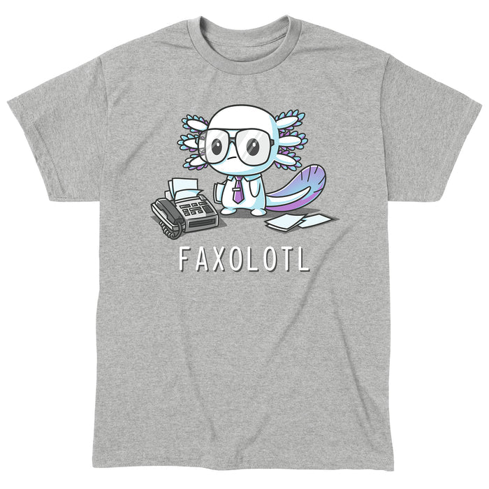 Classic Cotton T-shirt_TeeTurtle Faxolotl heather gray apparel featuring an office worker axolotl wearing glasses standing next to a fax machine with a pun underneath.