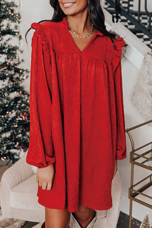 Fiery Red Textured Ruffled Trim V Neck Loose Fit Mini Dress - S / 95% Polyester + 5% Elastane - Dresses/Mini Dresses
