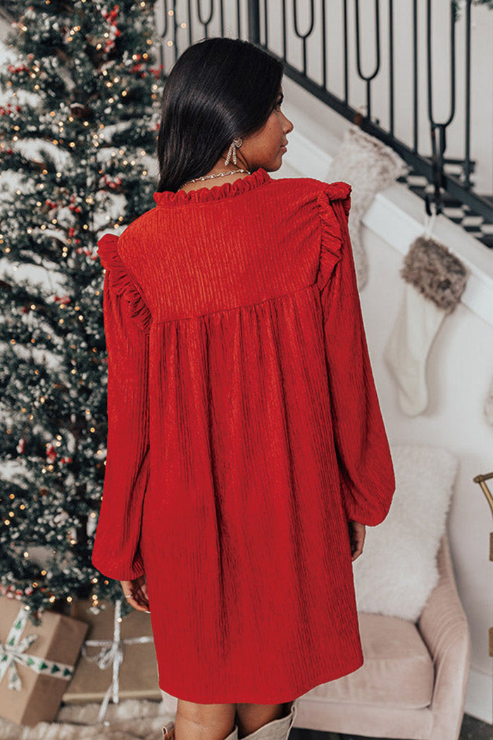 Fiery Red Textured Ruffled Trim V Neck Loose Fit Mini Dress - Dresses/Mini Dresses