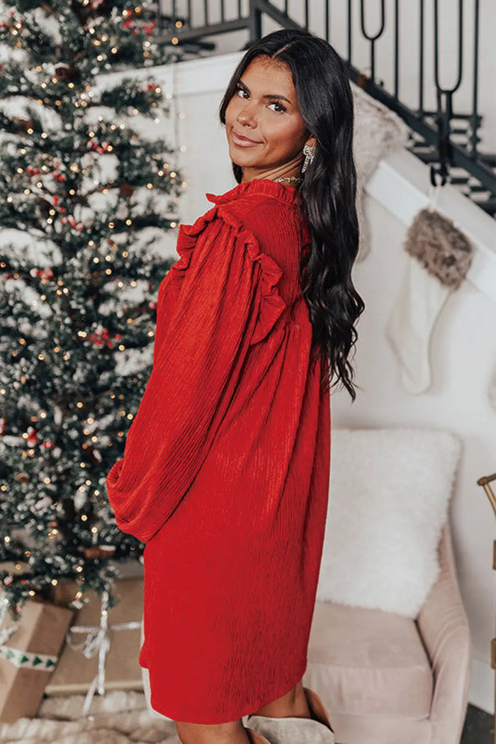 Fiery Red Textured Ruffled Trim V Neck Loose Fit Mini Dress - Dresses/Mini Dresses