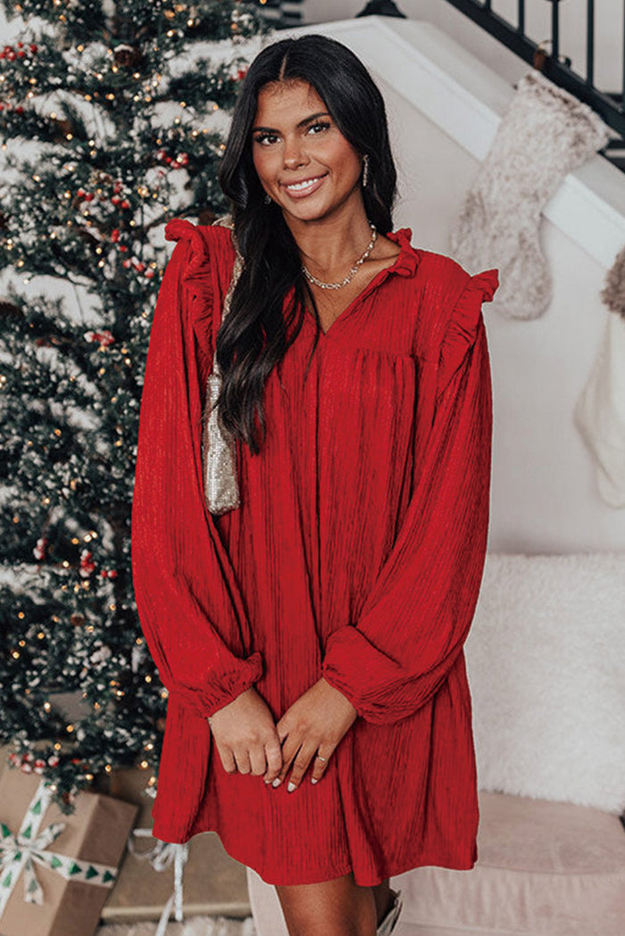 Fiery Red Textured Ruffled Trim V Neck Loose Fit Mini Dress - Dresses/Mini Dresses