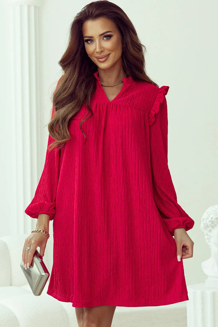 Fiery Red Textured Ruffled Trim V Neck Loose Fit Mini Dress - Dresses/Mini Dresses