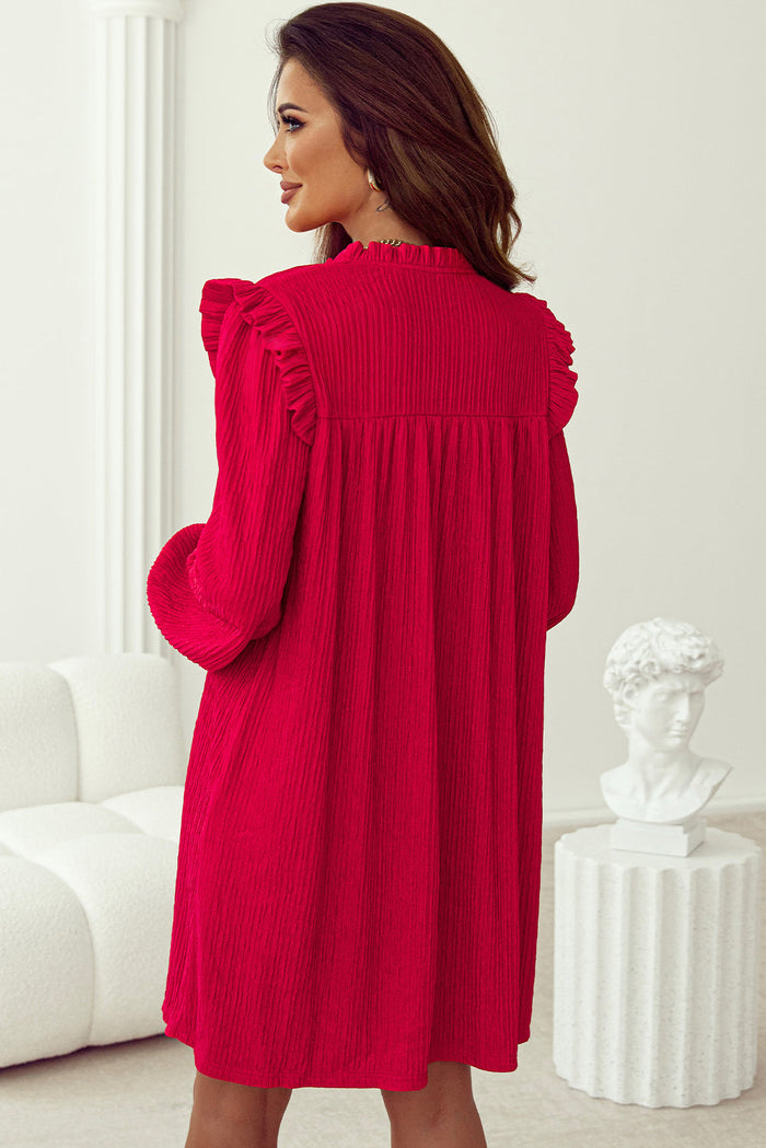 Fiery Red Textured Ruffled Trim V Neck Loose Fit Mini Dress - Dresses/Mini Dresses