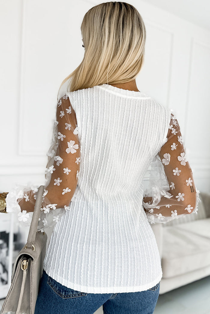 Floral Applique Mesh Sleeves Textured Knit Blouse - Tops/Blouses & Shirts