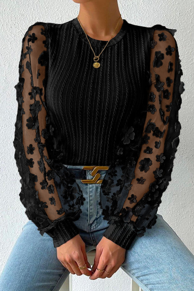 Floral Applique Mesh Sleeves Textured Knit Blouse - BLACK / S / 95% POLYESTER + 5% ELASTANE - Tops/Blouses & Shirts