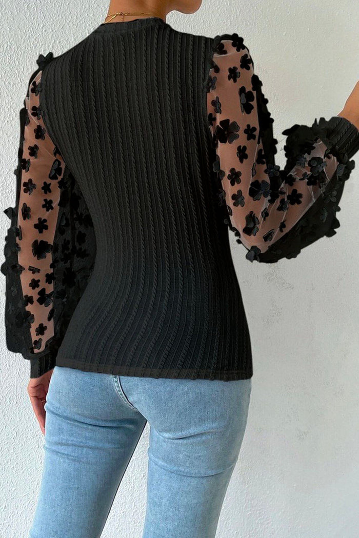 Floral Applique Mesh Sleeves Textured Knit Blouse - Tops/Blouses & Shirts