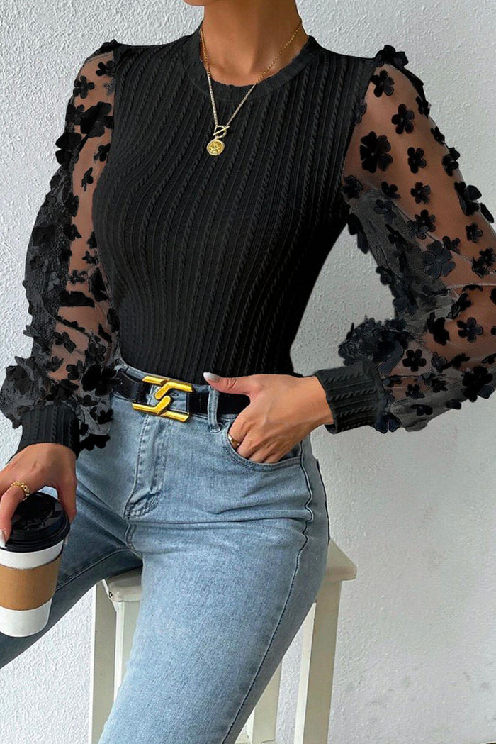 Floral Applique Mesh Sleeves Textured Knit Blouse - Tops/Blouses & Shirts