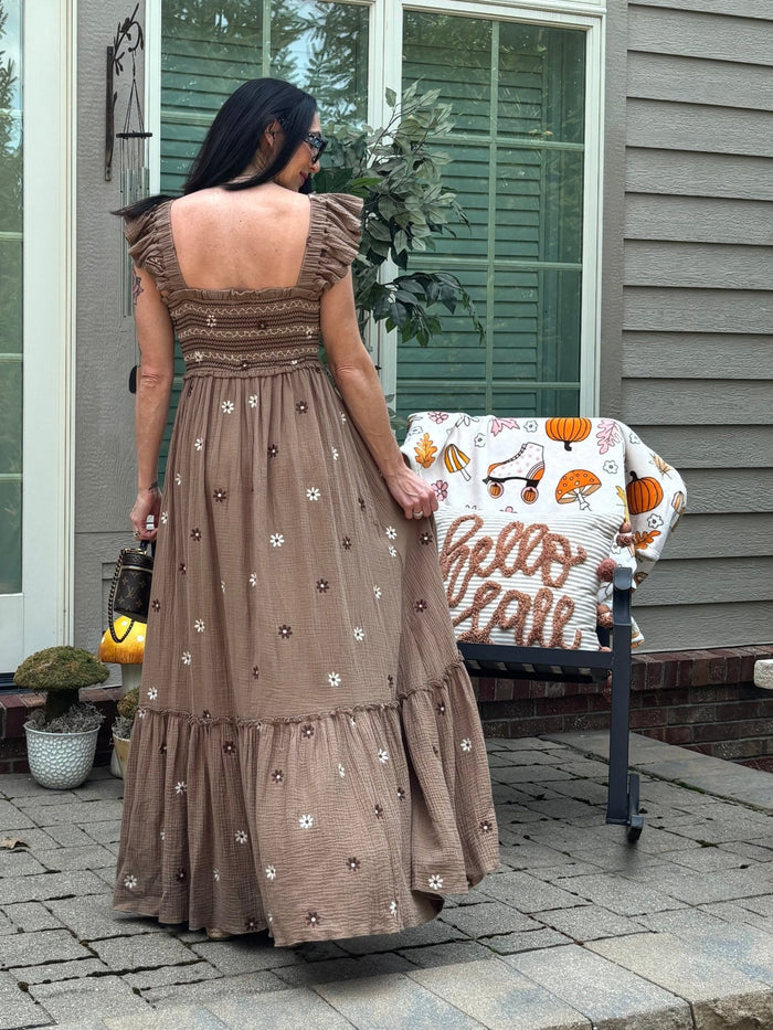 Floral Embroidered Maxi Dress: Brown - Intimate Whispers