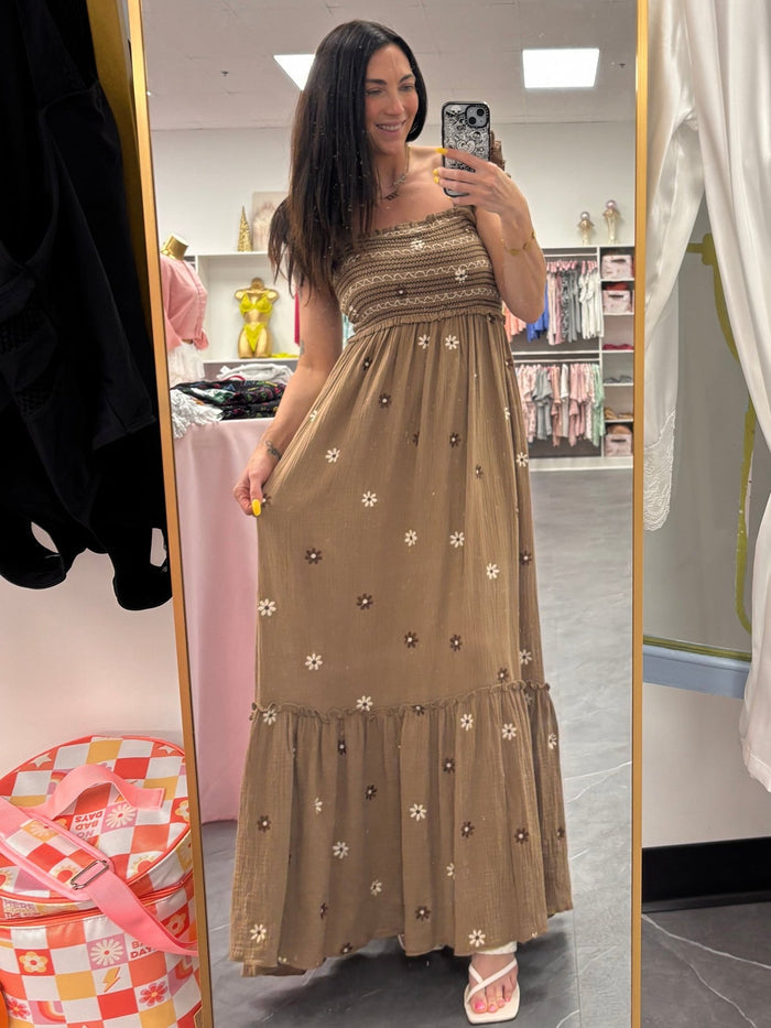Floral Embroidered Maxi Dress: Brown - Intimate Whispers