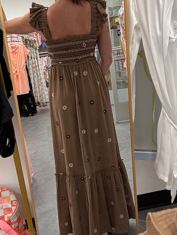 Floral Embroidered Maxi Dress: Brown - Intimate Whispers
