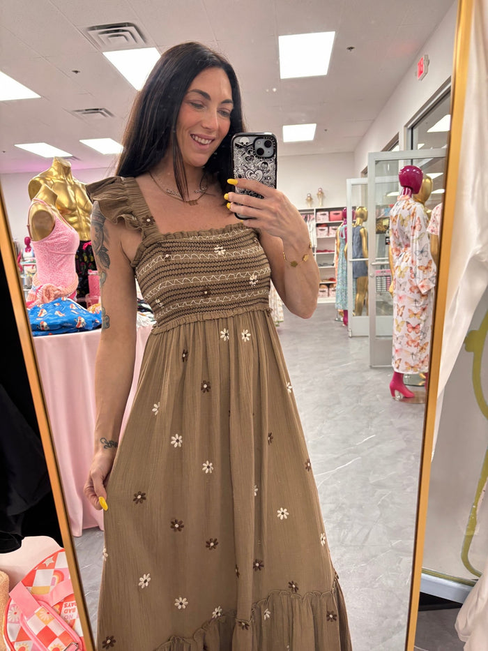Floral Embroidered Maxi Dress: Brown - Intimate Whispers