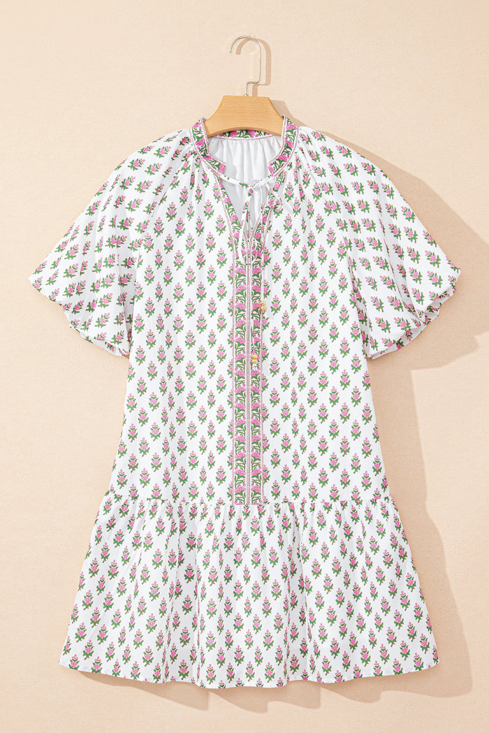 Pink Floral Print Bubble Sleeve Neck Tie Ruffled Dress - Dresses/Floral Dresses