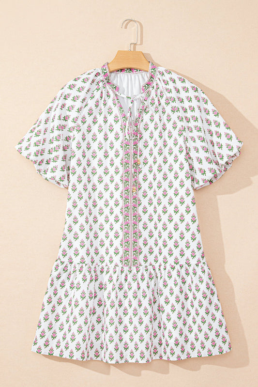 Pink Floral Print Bubble Sleeve Neck Tie Ruffled Dress - Dresses/Floral Dresses