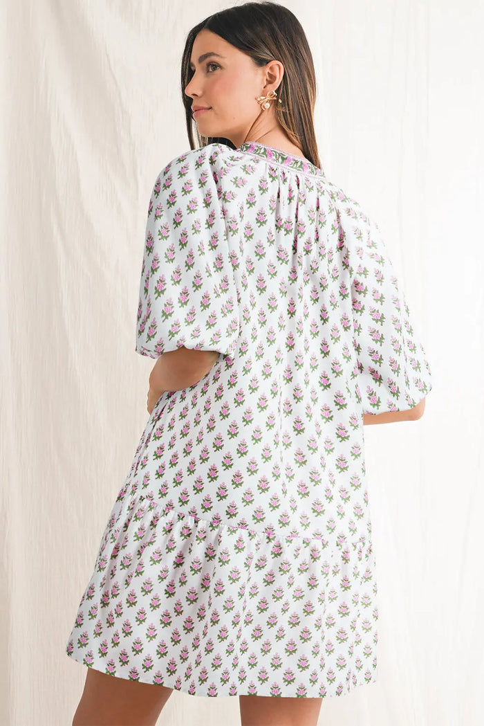 Pink Floral Print Bubble Sleeve Neck Tie Ruffled Dress - Dresses/Floral Dresses