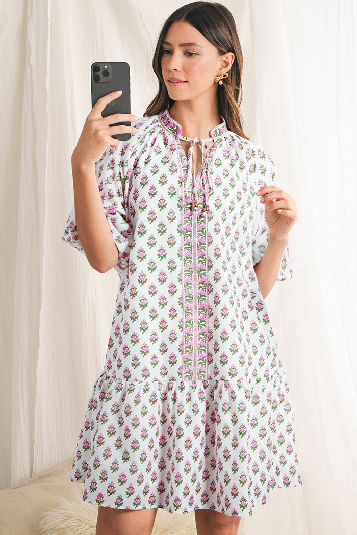 Pink Floral Print Bubble Sleeve Neck Tie Ruffled Dress - Dresses/Floral Dresses