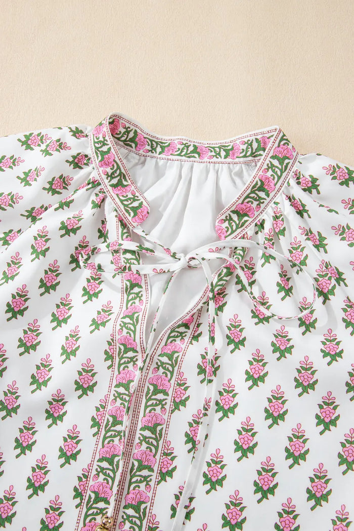 Pink Floral Print Bubble Sleeve Neck Tie Ruffled Dress - Dresses/Floral Dresses