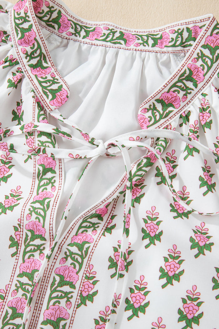 Pink Floral Print Bubble Sleeve Neck Tie Ruffled Dress - Dresses/Floral Dresses
