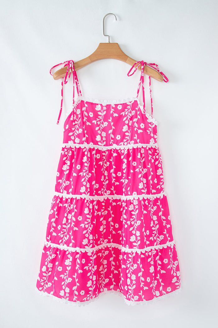 Pink Floral Print Ric Rac Patched Sleeveless Mini Dress - Dresses/Floral Dresses