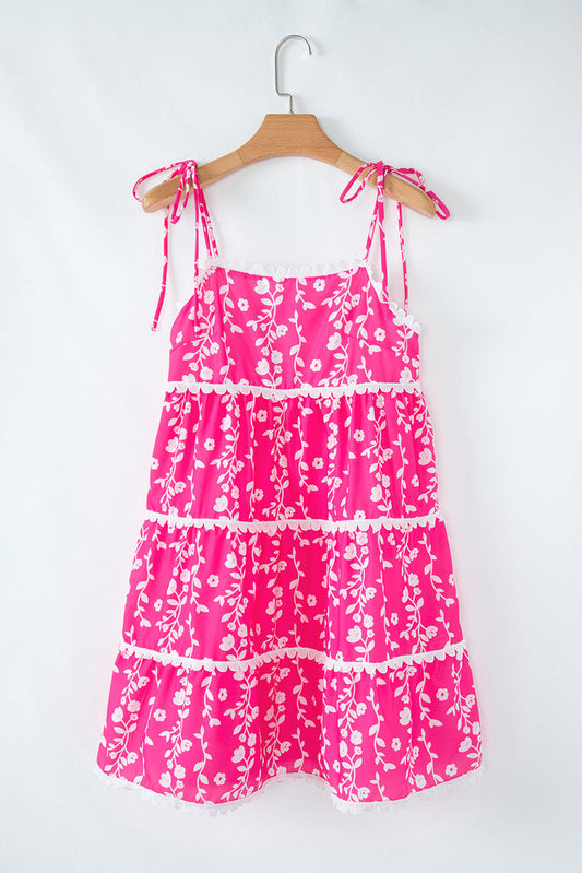 Pink Floral Print Ric Rac Patched Sleeveless Mini Dress - Dresses/Floral Dresses