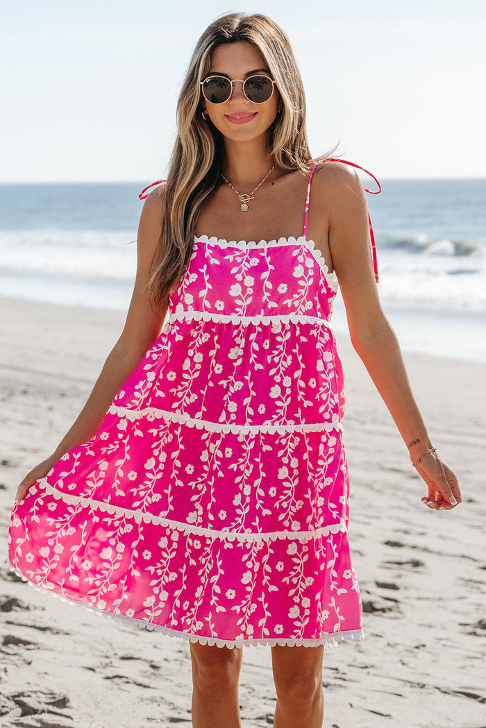 Pink Floral Print Ric Rac Patched Sleeveless Mini Dress - S / 100% Polyester - Dresses/Floral Dresses