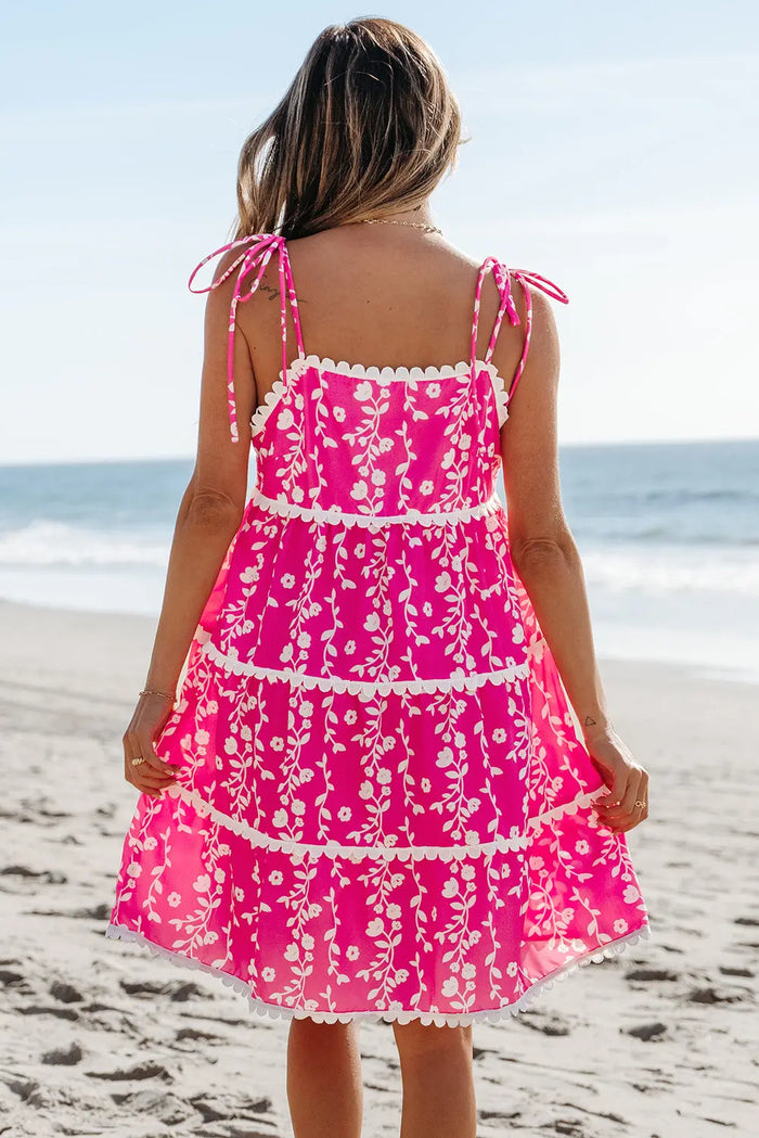 Pink Floral Print Ric Rac Patched Sleeveless Mini Dress - Dresses/Floral Dresses