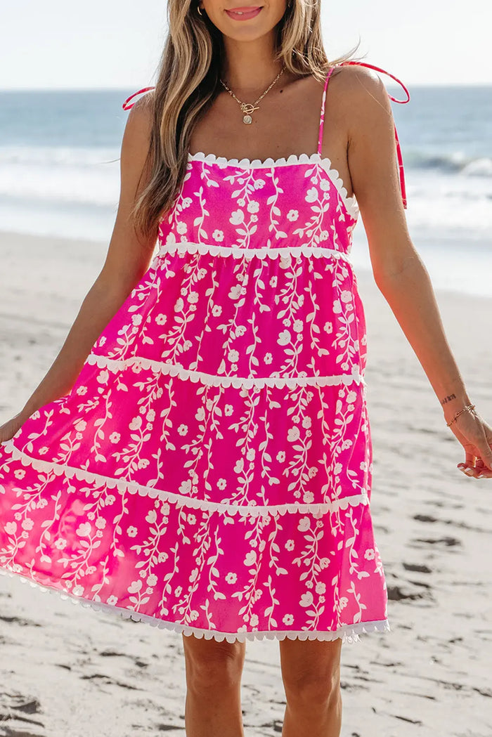 Pink Floral Print Ric Rac Patched Sleeveless Mini Dress - Dresses/Floral Dresses