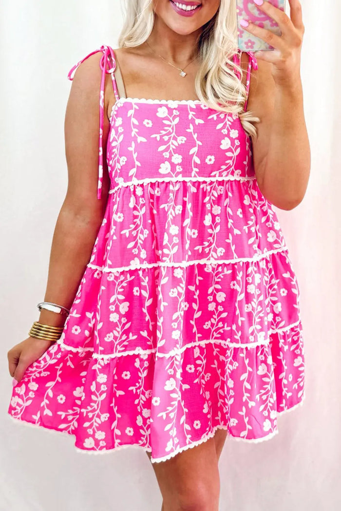 Pink Floral Print Ric Rac Patched Sleeveless Mini Dress - Dresses/Floral Dresses